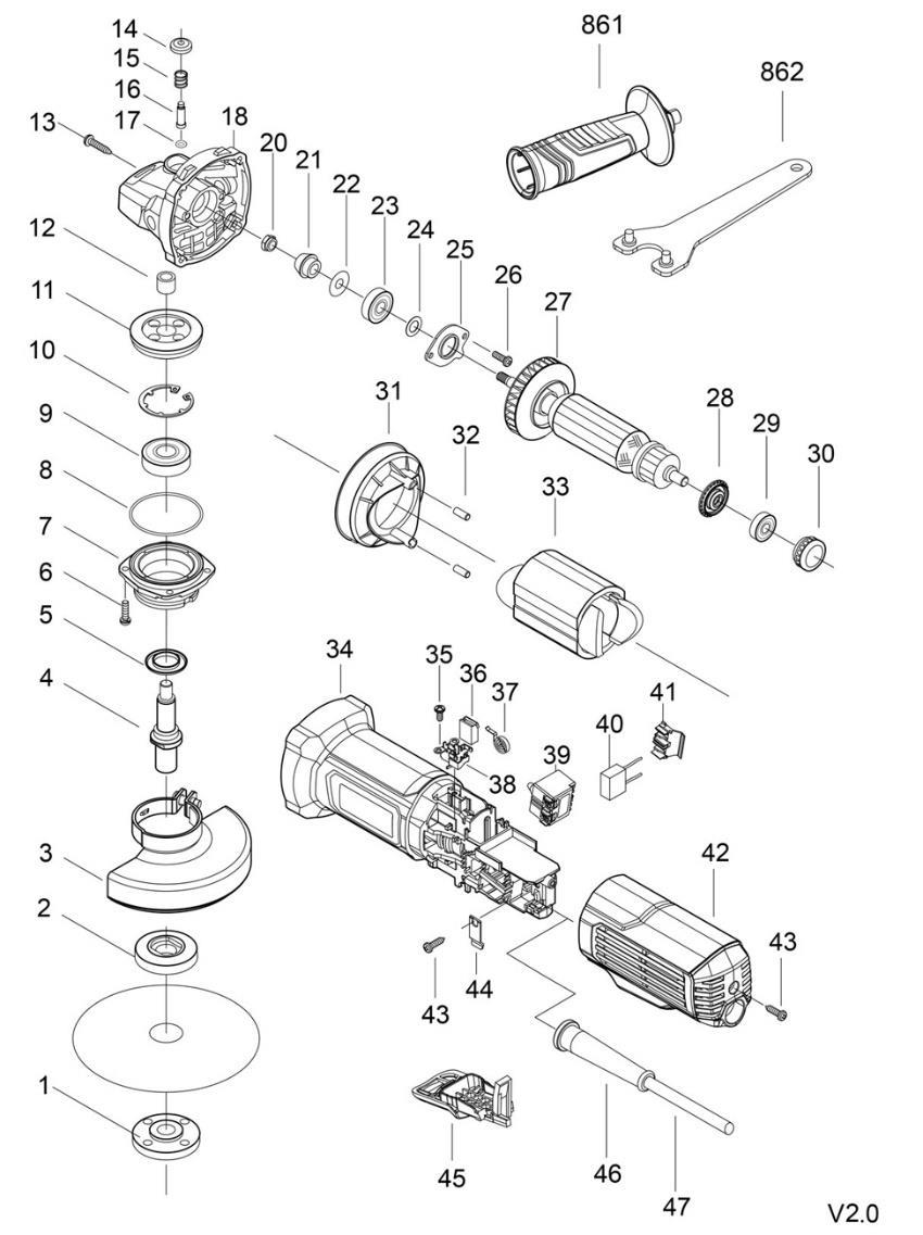 Угловая шлифовальная машина DongCheng DSM17-125P, 1100 Вт, 125 мм - разборная схема