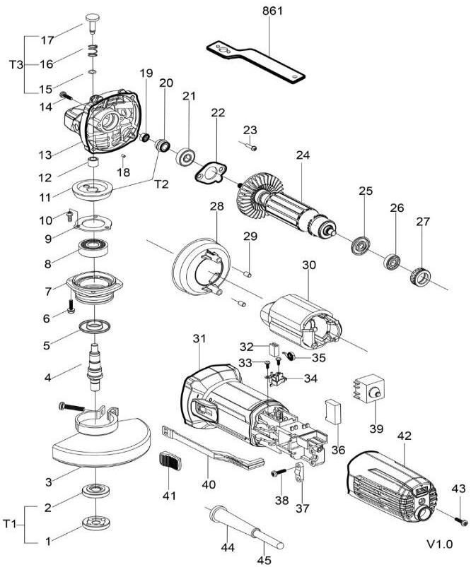 Угловая шлифовальная машина DongCheng DSM21-125, 900 Вт, 125 мм - разборная схема