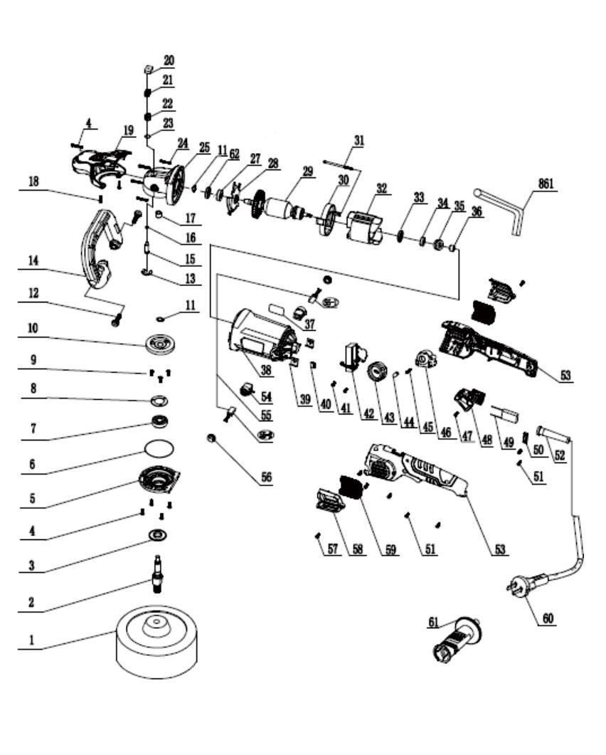 Полировальная машина DongCheng DSP05-180, 1250 Вт, 180 мм - разборная схема