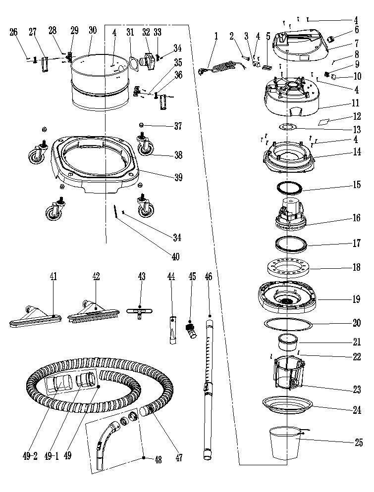 Пылесос DongCheng DVC15, 1200 Вт - разборная схема