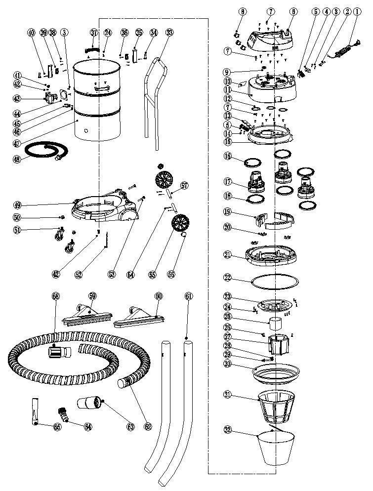 Пылесос DongCheng DVC80, 3200 Вт - разборная схема