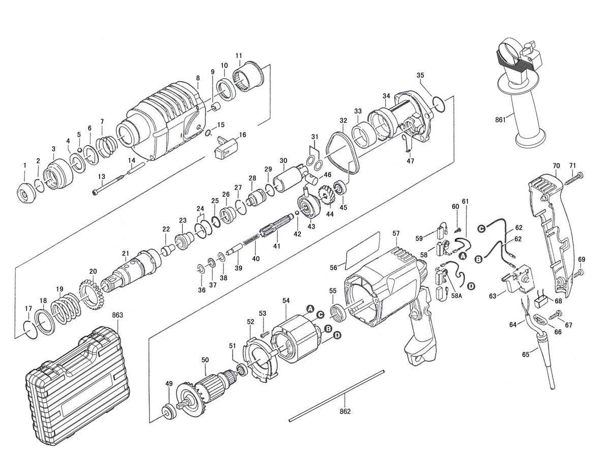 Перфоратор DongCheng DZC02-20, 500 Вт, 2 Дж - разборная схема