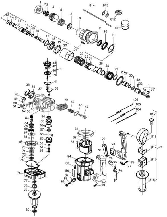 Перфоратор DongCheng DZC03-26SH, 750 Вт, 3,0 Дж - разборная схема