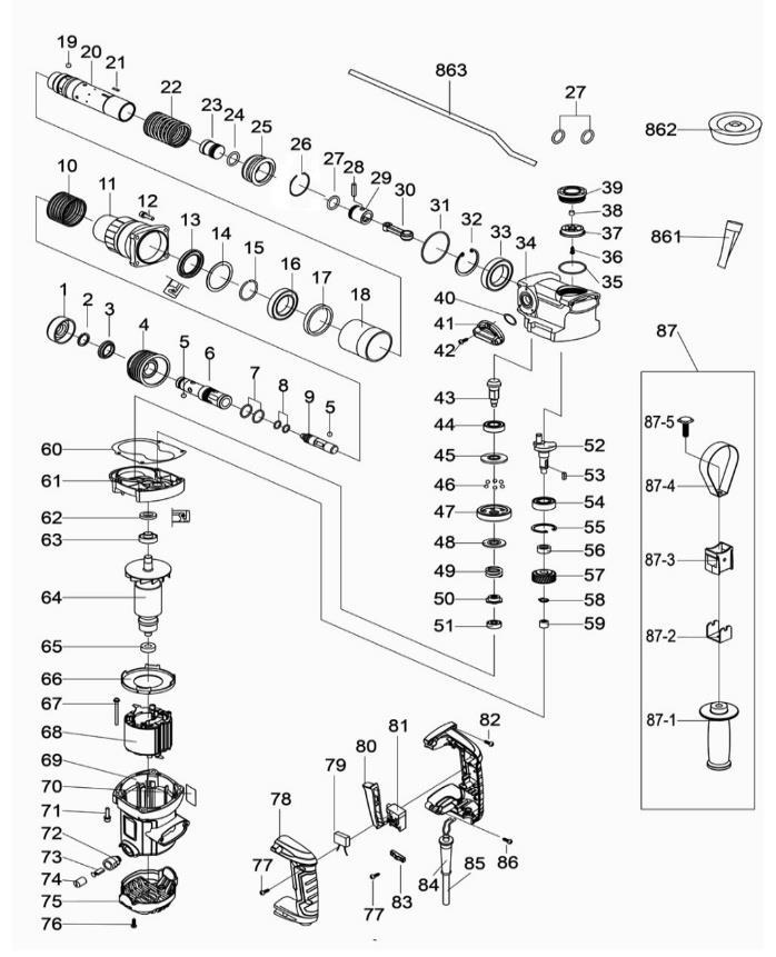 Перфоратор DongCheng DZC03-28, 1100 Вт, 3,6 Дж - разборная схема