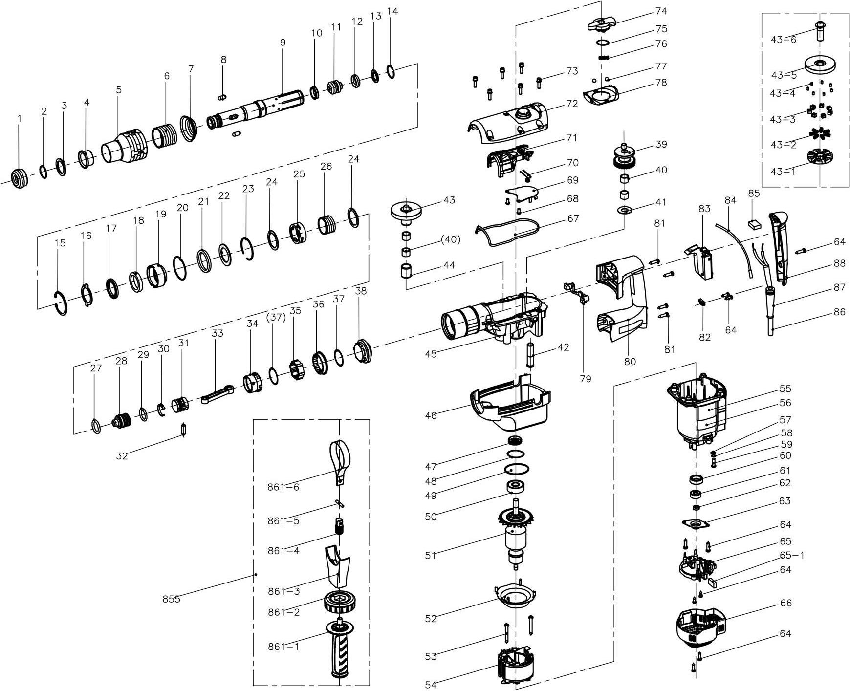 Перфоратор DongCheng DZC03-38, 1100 Вт, 7,9 Дж - разборная схема