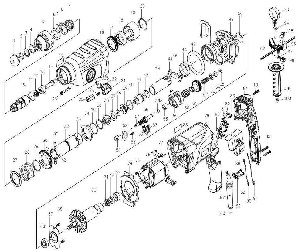 Перфоратор DongCheng DZC05-26B, 800 Вт, 2,8 Дж - разборная схема