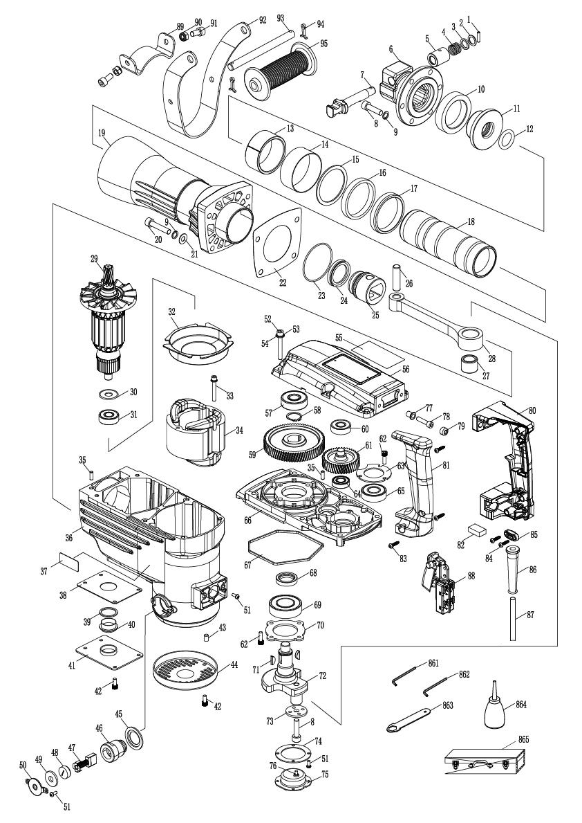 Отбойный молоток DongCheng DZG03-15, 1240 Вт, 41,8 Дж - разборная схема