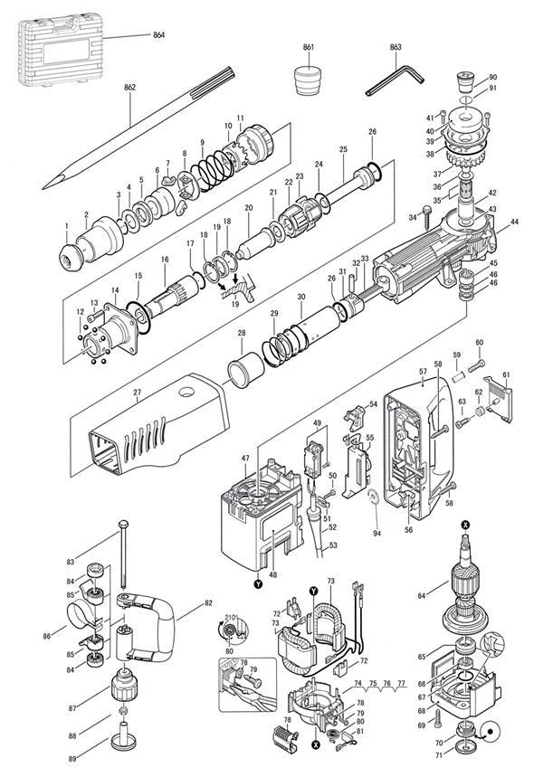 Отбойные молотки DongCheng DZG10, 1500 Вт, 16 Дж - разборная схема