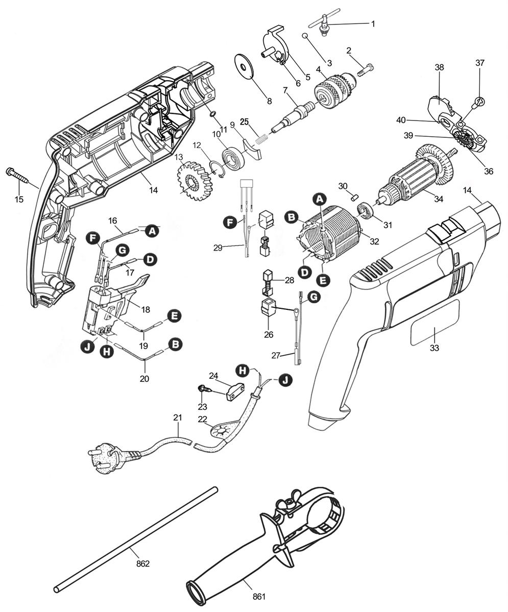Ударная дрель DongCheng DZJ02-13, 500 Вт - разборная схема