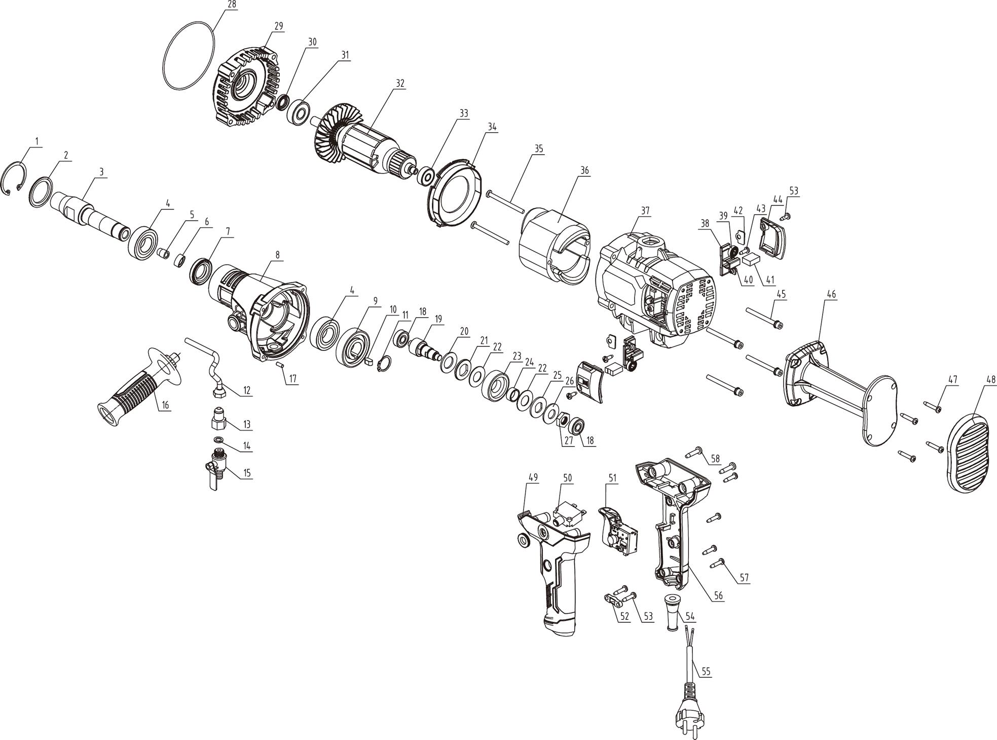 Дрель алмазного сверления с подводом воды DongCheng DZZ05-110, 2000 Вт - разборная схема
