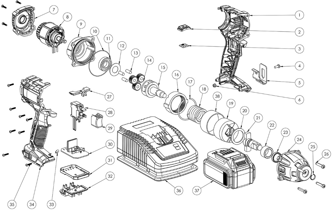 ЗУБР Т7, 20 В, 500 Н·м, 2 АКБ (4 А·ч), бесщеточный гайковерт, кейс, Профессионал (GB-500-42) - разборная схема