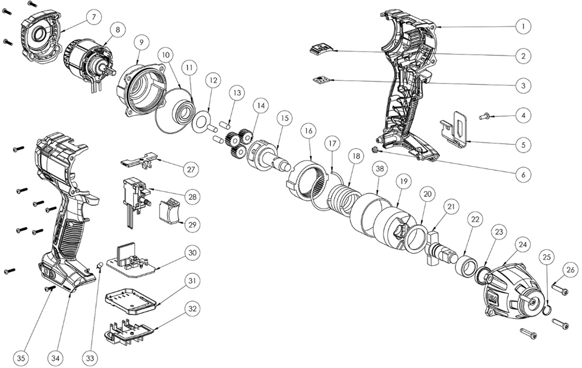 ЗУБР Т7, 20 В, 500 Н·м, без АКБ, бесщеточный гайковерт, Профессионал (GB-500) - посмотреть вариант разборной схемы