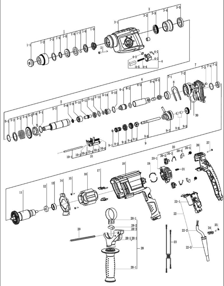 STEHER 24 мм, 750 Вт, перфоратор SDS Plus (HD-24-750) - посмотреть вариант разборной схемы