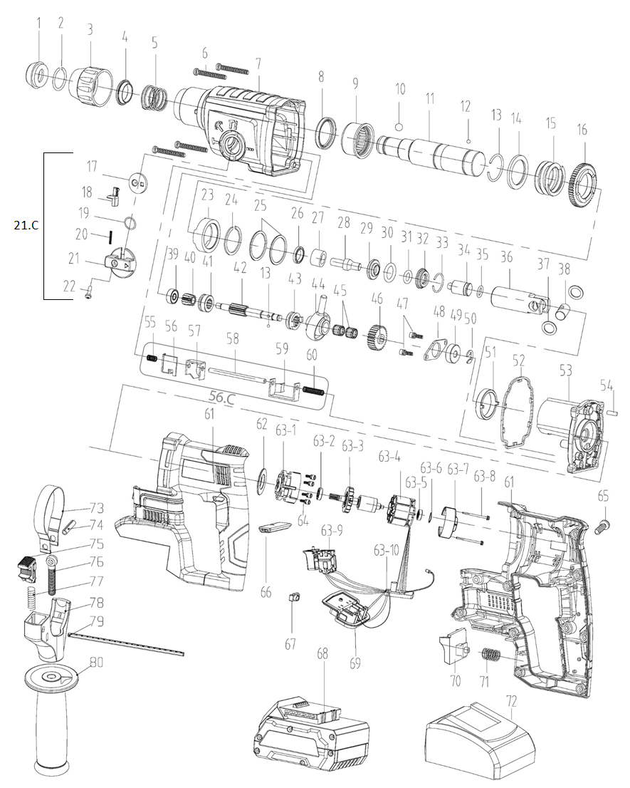 ЗУБР Т7, 20 В, 26 мм, 2 АКБ (4 А·ч), бесщеточный перфоратор, кейс, Профессионал (PB-260-42) - разборная схема