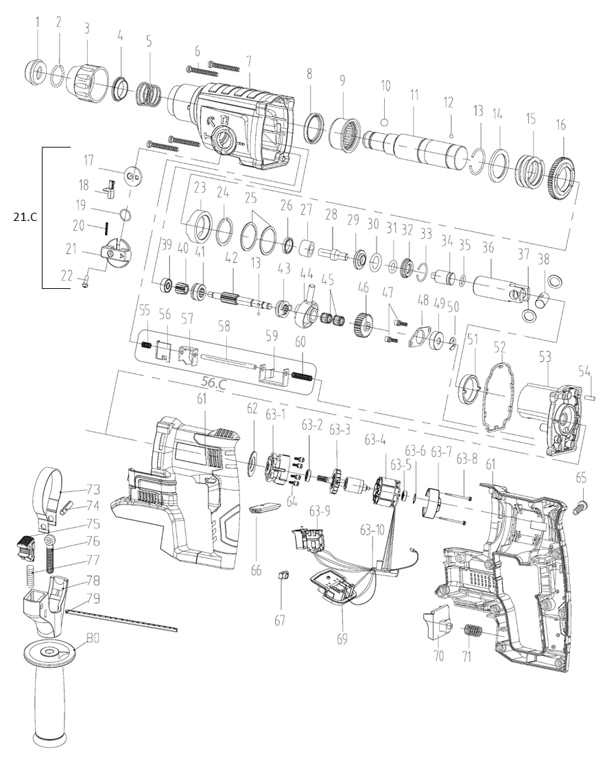 ЗУБР Т7, 20 В, 26 мм, без АКБ, бесщеточный перфоратор, Профессионал (PB-260) - посмотреть вариант разборной схемы