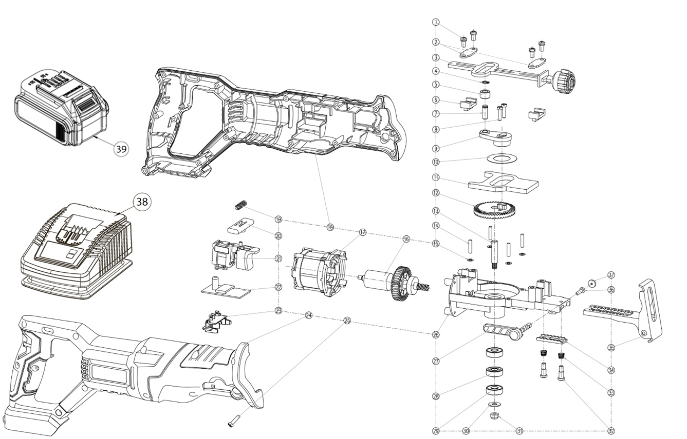ЗУБР Т7, 20 В, 180 мм, без АКБ, бесщеточная пила сабельная, Профессионал (SPB-180) - посмотреть вариант разборной схемы