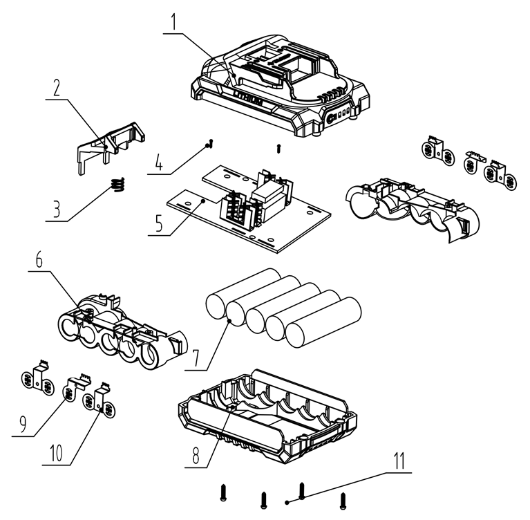 ЗУБР 20 В, 2.0 А·ч, аккумулятор LMS (АКБ-20-2) - разборная схема