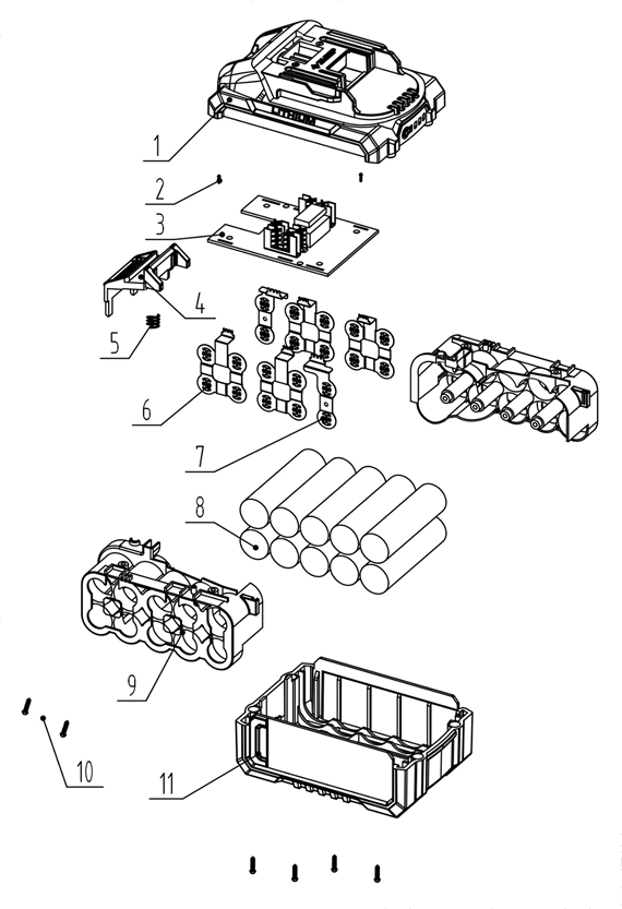 ЗУБР 20 В, 4.0 А·ч, аккумулятор LMS (АКБ-20-4) - разборная схема