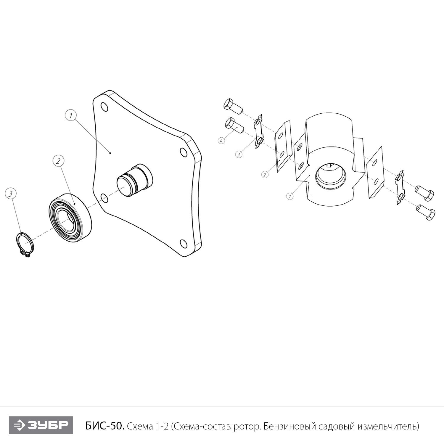ЗУБР 50 мм, бензиновый садовый измельчитель (БИС-50) - посмотреть вариант разборной схемы