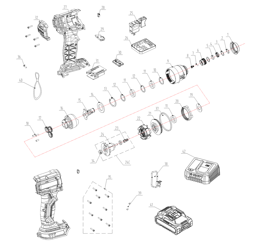 ЗУБР 20 В, 180 Н·м, 1 АКБ LMS (2 А·ч), бесщеточный ударный винтоверт, сумка (ВБУ-180-21) - разборная схема