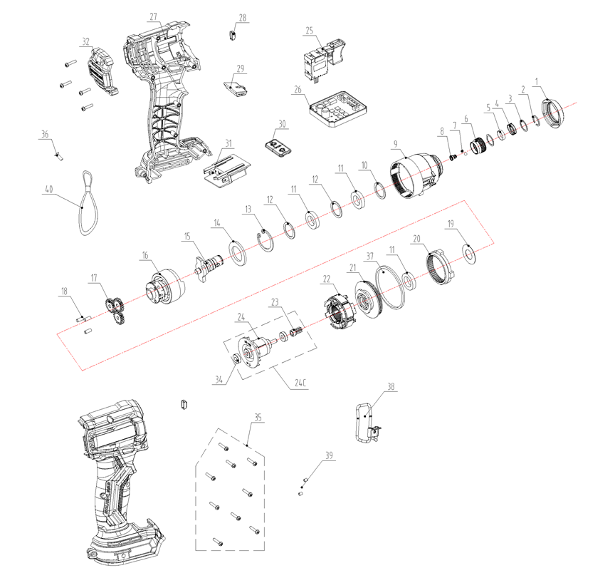 ЗУБР 20 В, 180 Н·м, без АКБ (LMS), бесщеточный ударный винтоверт (ВБУ-180) - посмотреть вариант разборной схемы