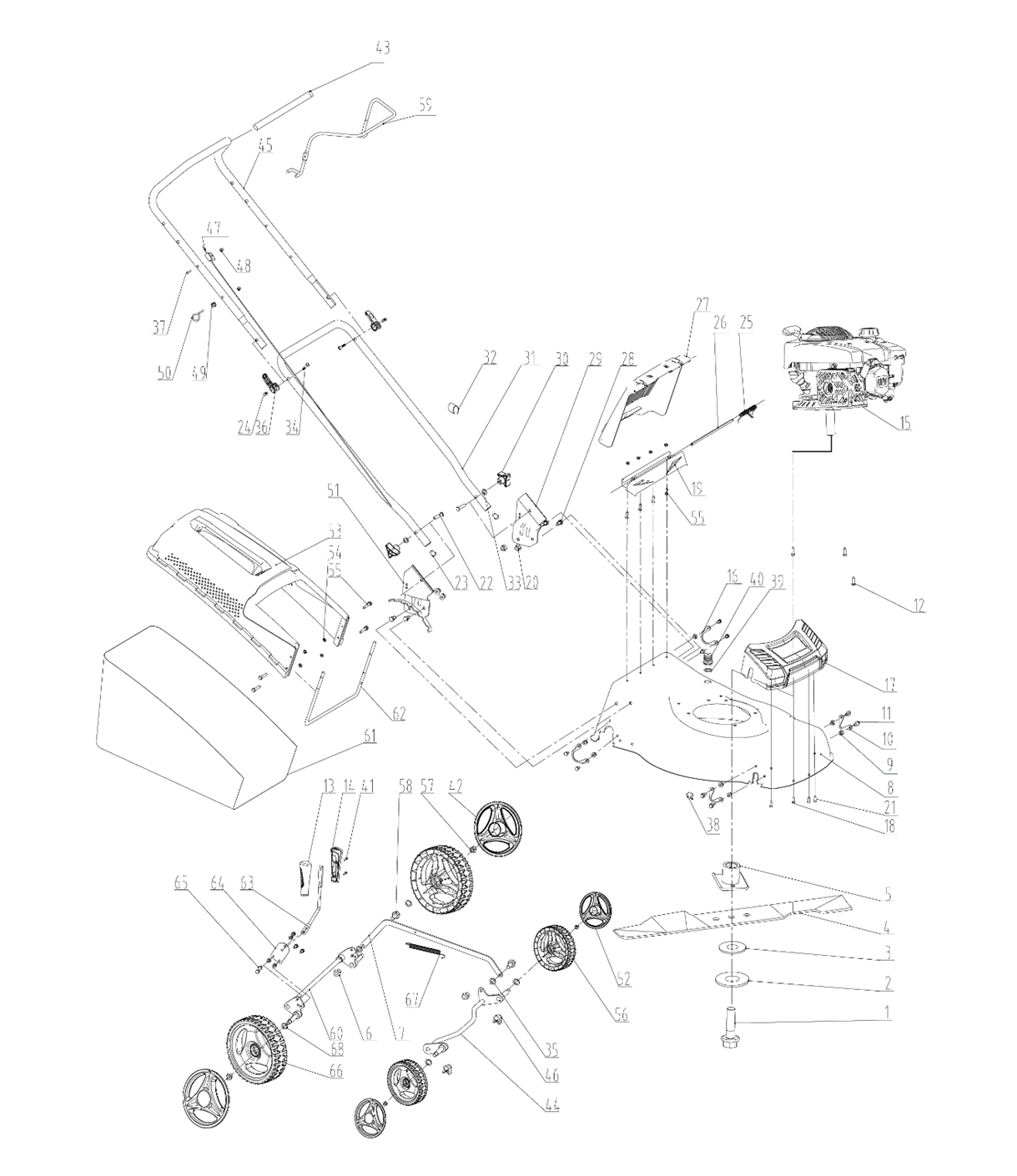 ЗУБР 460 мм, 4.5 л.с., бензиновая газонокосилка (ГБ-460) - посмотреть вариант разборной схемы