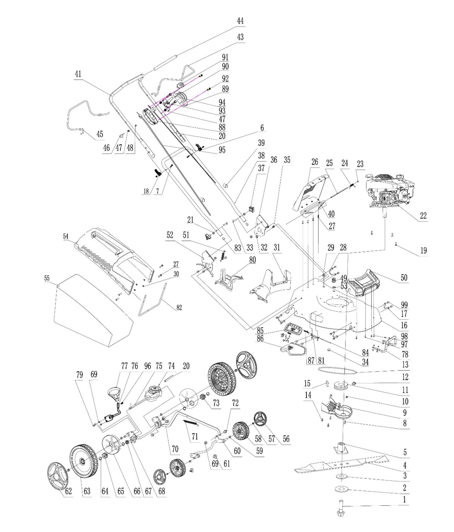 ЗУБР 460 мм, 4.5 л.с., бензиновая самоходная газонокосилка (ГБС-460) - посмотреть вариант разборной схемы