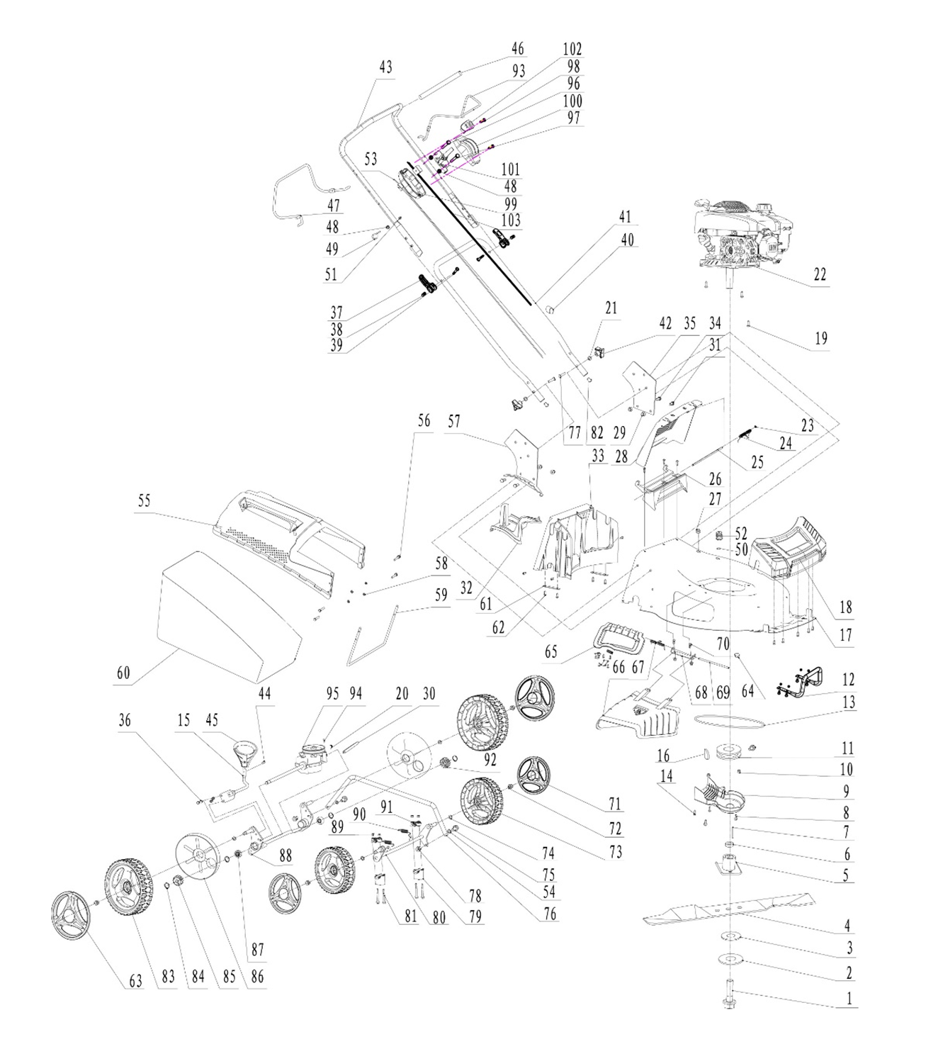 ЗУБР 510 мм, 6.5 л.с., бензиновая самоходная газонокосилка (ГБС-510) - посмотреть вариант разборной схемы