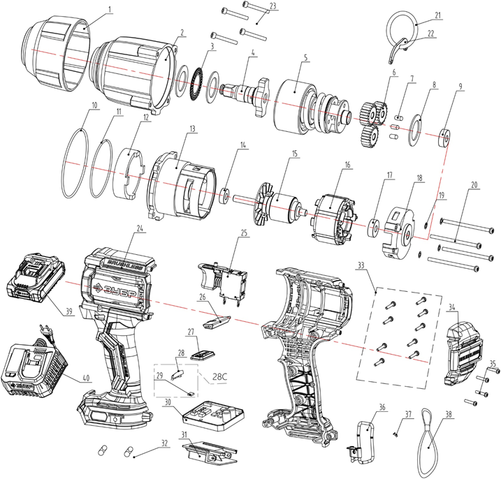 ЗУБР 20 В, 1000 Н·м, 1 АКБ LMS (4 А·ч), бесщеточный ударный гайковерт, сумка (ГБУ-1000-41) - разборная схема