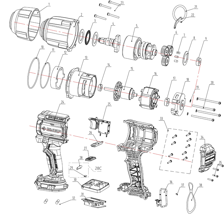 ЗУБР 20 В, 1000 Н·м, без АКБ (LMS), бесщеточный ударный гайковерт (ГБУ-1000) - посмотреть вариант разборной схемы