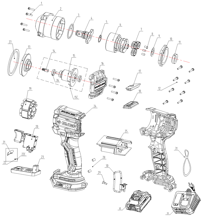 ЗУБР 20 В, 350 Н·м, 1 АКБ LMS (4 А·ч), бесщеточный ударный гайковерт, сумка (ГБУ-350-41) - разборная схема