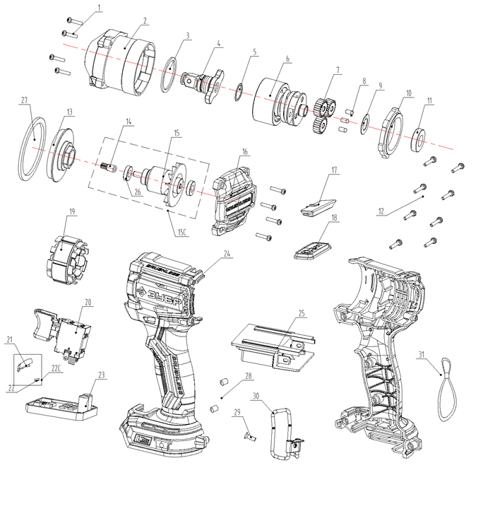 ЗУБР 20 В, 350 Н·м, без АКБ (LMS), бесщеточный ударный гайковерт (ГБУ-350) - посмотреть вариант разборной схемы