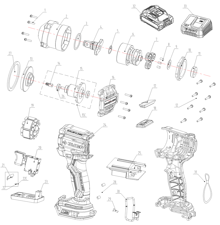 ЗУБР 20 В, 500 Н·м, 1 АКБ LMS (4 А·ч), бесщеточный ударный гайковерт, сумка (ГБУ-500-41) - разборная схема