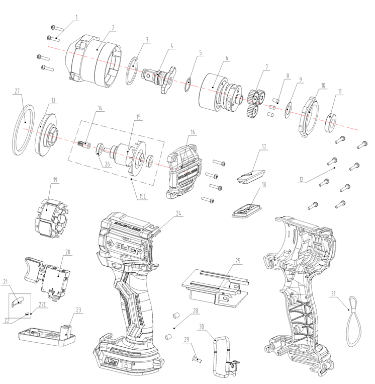 ЗУБР 20 В, 500 Н·м, без АКБ (LMS), бесщеточный ударный гайковерт (ГБУ-500) - посмотреть вариант разборной схемы