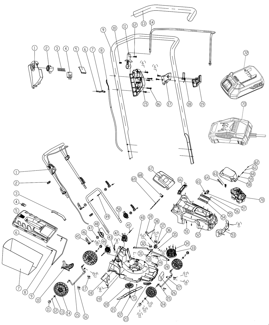 ЗУБР С1-18, 36 В, 37 см, 2х18 В АКБ (4 А·ч), бесщеточная газонокосилка (ГКЛ-3736-42) - разборная схема