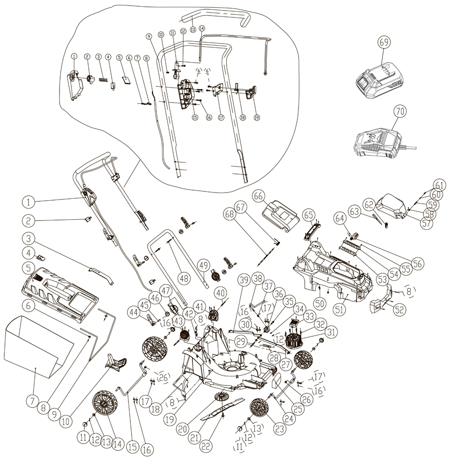 ЗУБР С1-18, 36 В, 43 см, 2х18 В АКБ (4 А·ч), бесщеточная газонокосилка (ГКЛ-4336-42) - разборная схема