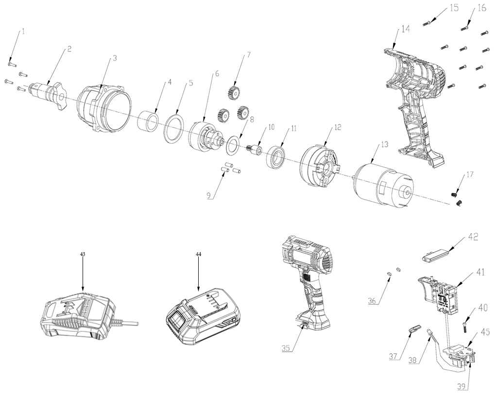 ЗУБР С1-18, 18 В, 250 Н·м, 1 АКБ (4 А·ч), гайковерт ударный, кейс (ГУЛ-255-41) - разборная схема