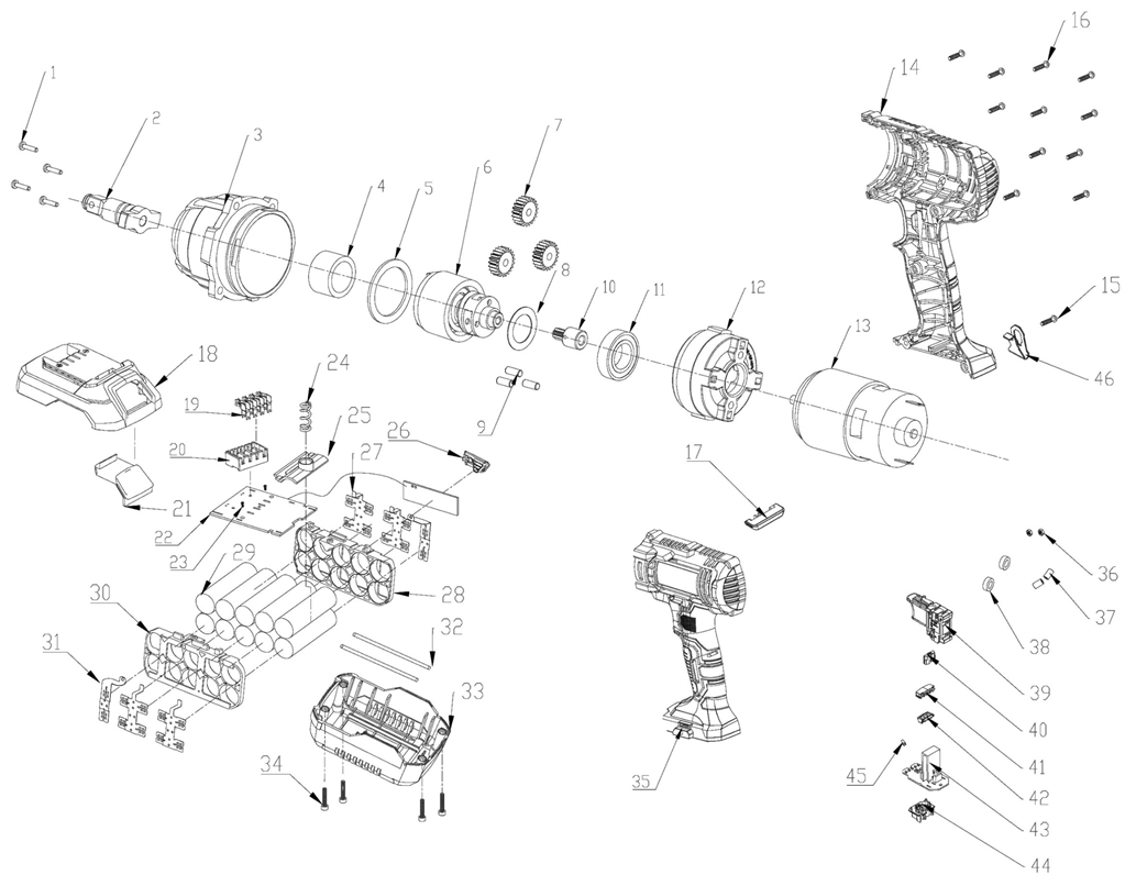 ЗУБР С1-18, 18 В, 400 Н·м, 1 АКБ (4 А·ч), гайковерт ударный, кейс (ГУЛ-410-41) - разборная схема