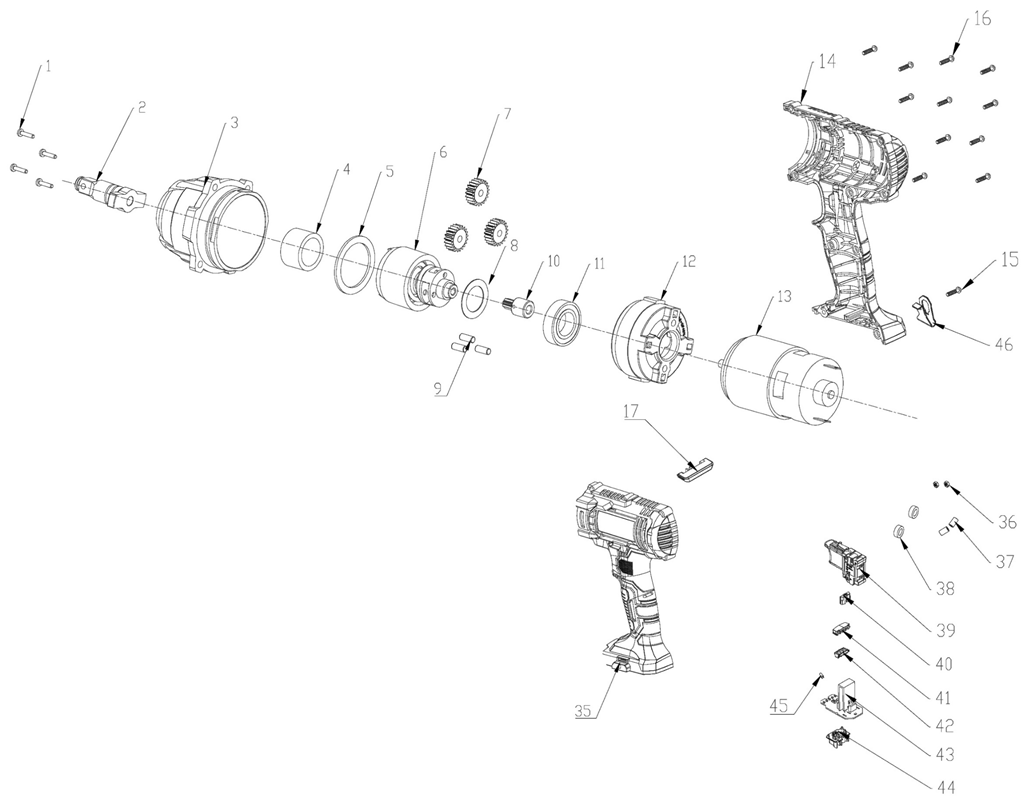 ЗУБР С1-18, 18 В, 400 Н·м, без АКБ, гайковерт ударный (ГУЛ-410) - посмотреть вариант разборной схемы
