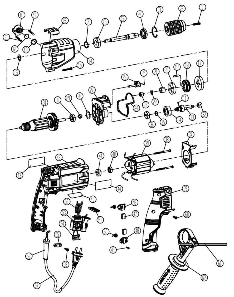 ЗУБР 900 Вт, 13 мм, безударная дрель, 2-скоростная, мет. корпус, Профессионал (Д-П900-2) - посмотреть вариант разборной схемы