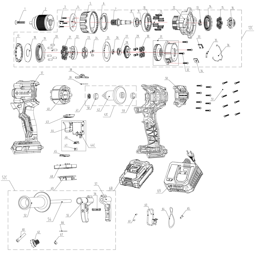 ЗУБР 20 В, 165 Н·м, 2 АКБ LMS (2 А·ч), бесщеточная дрель-шуруповерт, сумка (ДБ-165-22) - разборная схема