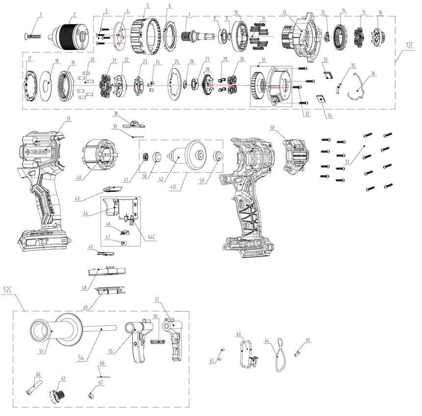 ЗУБР 20 В, 165 Н·м, без АКБ (LMS), бесщеточная дрель-шуруповерт (ДБ-165) - разборная схема