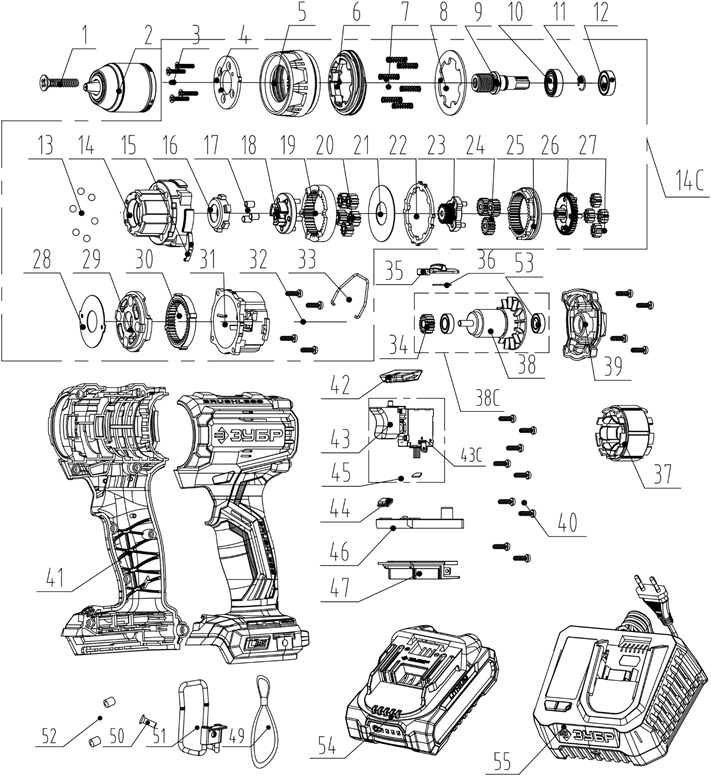 ЗУБР 20 В, 65 Н·м, 2 АКБ LMS (2 А·ч), бесщеточная дрель-шуруповерт, сумка (ДБ-65-22) - разборная схема