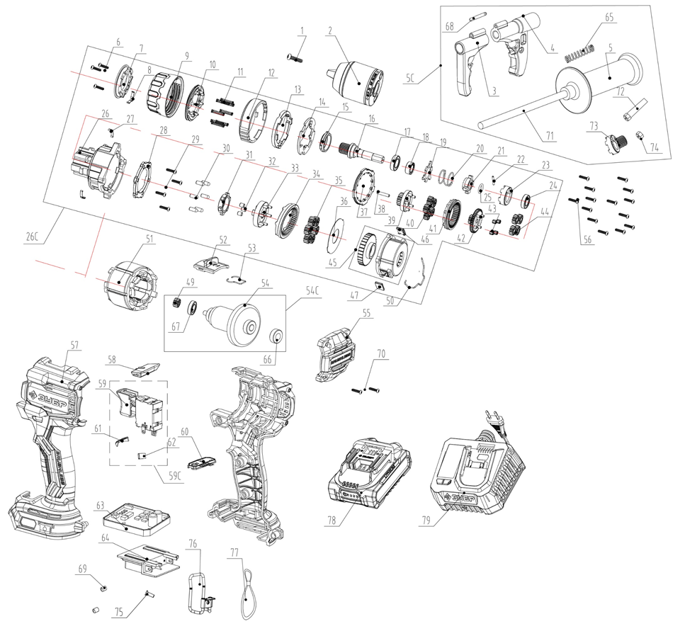 ЗУБР 20 В, 165 Н·м, 2 АКБ LMS (2 А·ч), бесщеточная ударная дрель-шуруповерт, сумка (ДБУ-165-22) - разборная схема