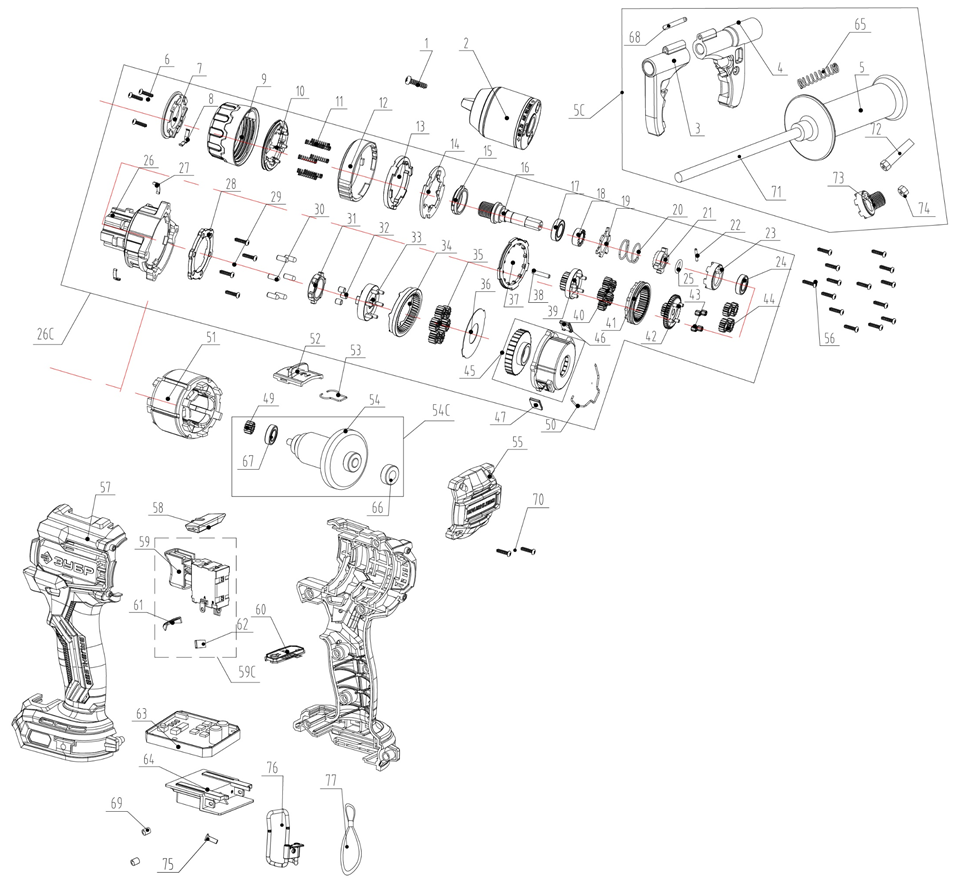 ЗУБР 20 В, 165 Н·м, без АКБ (LMS), бесщеточная ударная дрель-шуруповерт (ДБУ-165) - посмотреть вариант разборной схемы