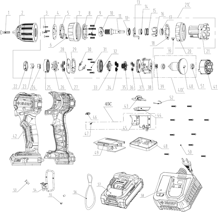 ЗУБР 20 В, 45 Н·м, 2 АКБ LMS (2 А·ч), бесщеточная ударная дрель-шуруповерт, сумка (ДБУ-45-22) - разборная схема