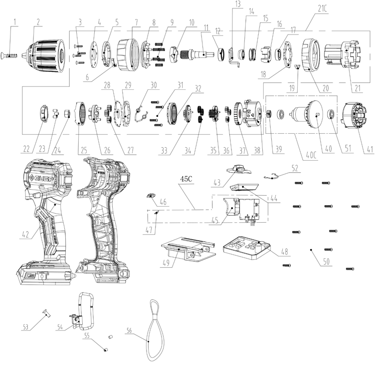 ЗУБР 20 В, 45 Н·м, без АКБ (LMS), бесщеточная ударная дрель-шуруповерт (ДБУ-45) - посмотреть вариант разборной схемы