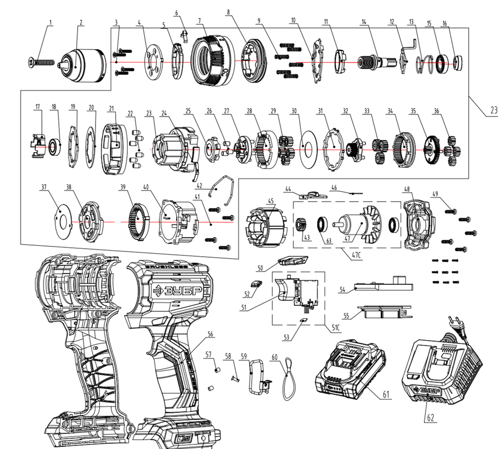 ЗУБР 20 В, 65 Н·м, без АКБ (LMS), бесщеточная ударная дрель-шуруповерт (ДБУ-65) - посмотреть вариант разборной схемы
