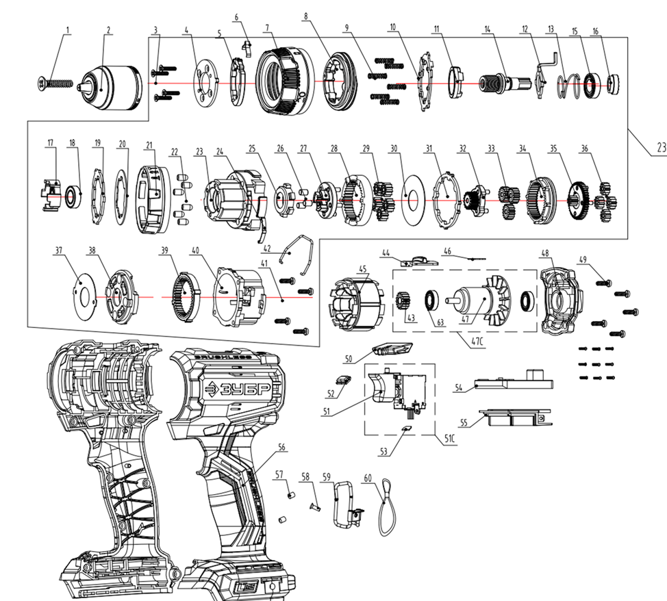 ЗУБР 20 В, 65 Н·м, без АКБ (LMS), бесщеточная ударная дрель-шуруповерт (ДБУ-65) - посмотреть вариант разборной схемы