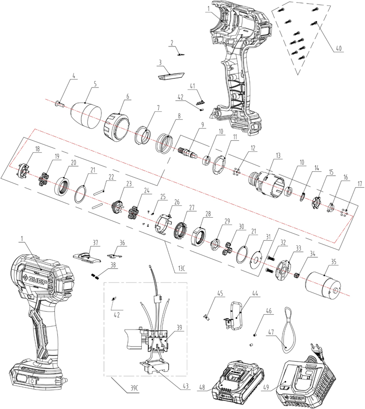 ЗУБР 20 В, 40 Н·м, 2 АКБ LMS (2 А·ч), дрель-шуруповерт, сумка (ДШ-40-22) - разборная схема